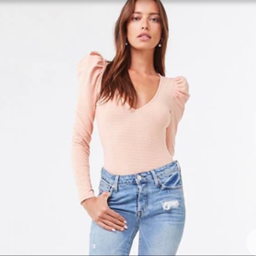 🎉🎉 🎉Host Pick! NWT! Forever 21 Puff Shoulder Houndstooth Knit Bodysuit- Peach - Picture 2 of 12